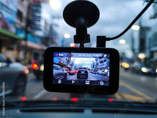 A camera in car has on and recording if have a accident on the road