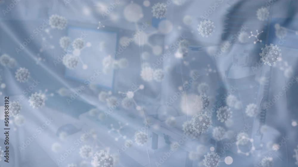 Animation of virus cells and shapes over office Animation of virus cells and shapes over office