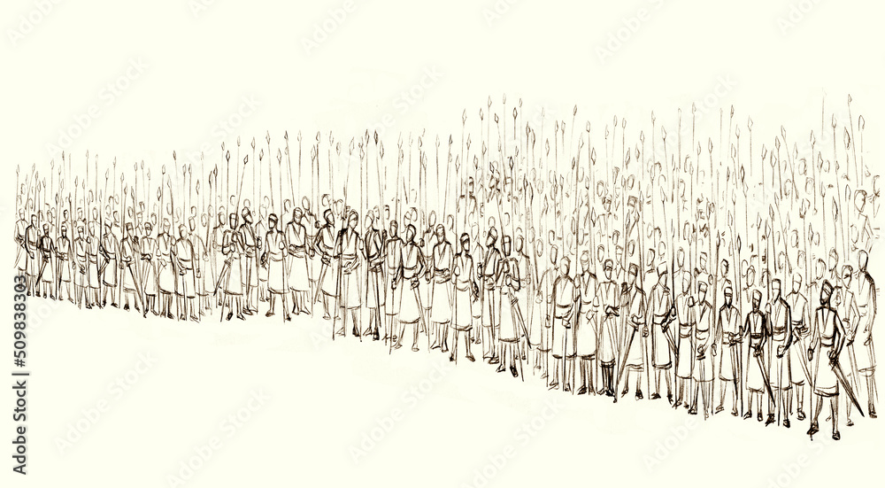 An army on the battlefield is lined up for battle