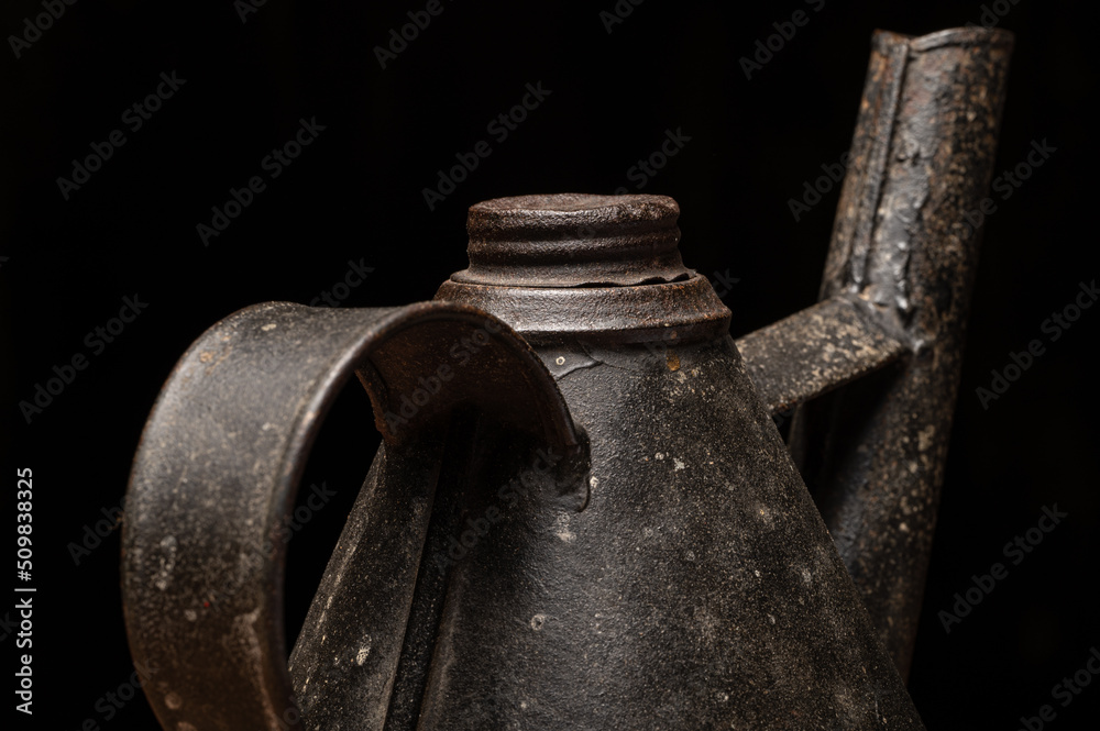 antique railroad lantern, steel patina with rust and scratches, oil can. antique railroad lantern, steel patina with rust and scratches, oil can.