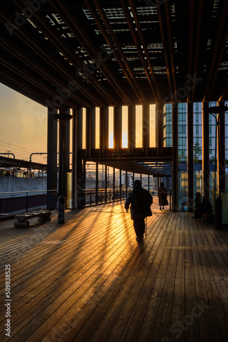 城下町姫路駅の木造建築による回廊と夕陽、4月6日、日本 © ホセさん