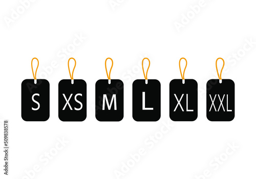 Black tags with the size of clothing isolated on a white background
