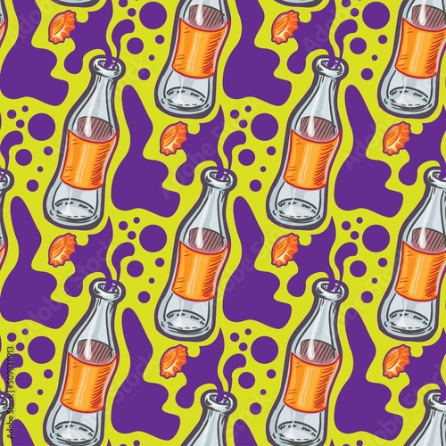 glass bottle and spilled drink vector seamless pattern