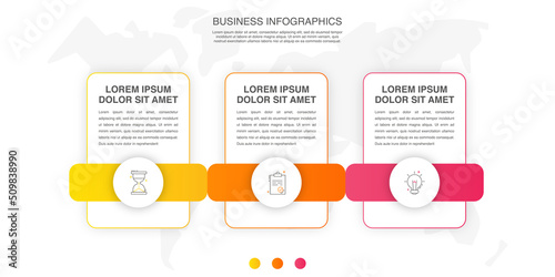 Line vector infographics with three circles. Modern concept 3 icons with labels step by step for the app, business, website, interface, chart, levels, web, diagram, banner, presentations