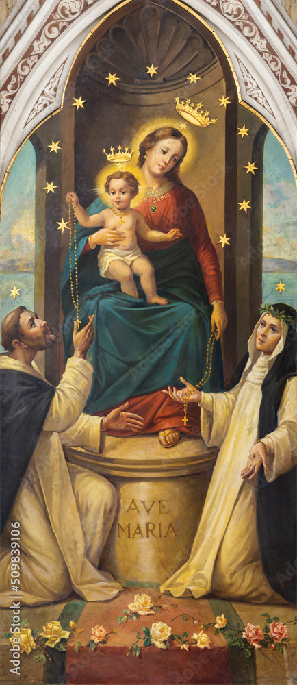 BARI, ITALY - MARCH 3, 2022: The painting of Madonna with the St. John of the Cross and Theresa of Avilain the church Chiesa di Sacro Cuore by Umberto Colonna (1931).