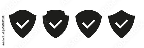 Shield icon with check mark set. Verified guard symbol collection. Protection sign. Vector isolated on white.