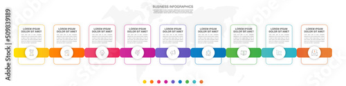 Vector line infographics template for 9 arrows and circles. Business concept with nine elements and icons. Modern blank space for chart, content, step for step, timeline, diagram, web