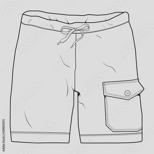 short pants outline drawing vector, short pants in a sketch style, trainers template outline, vector Illustration.
