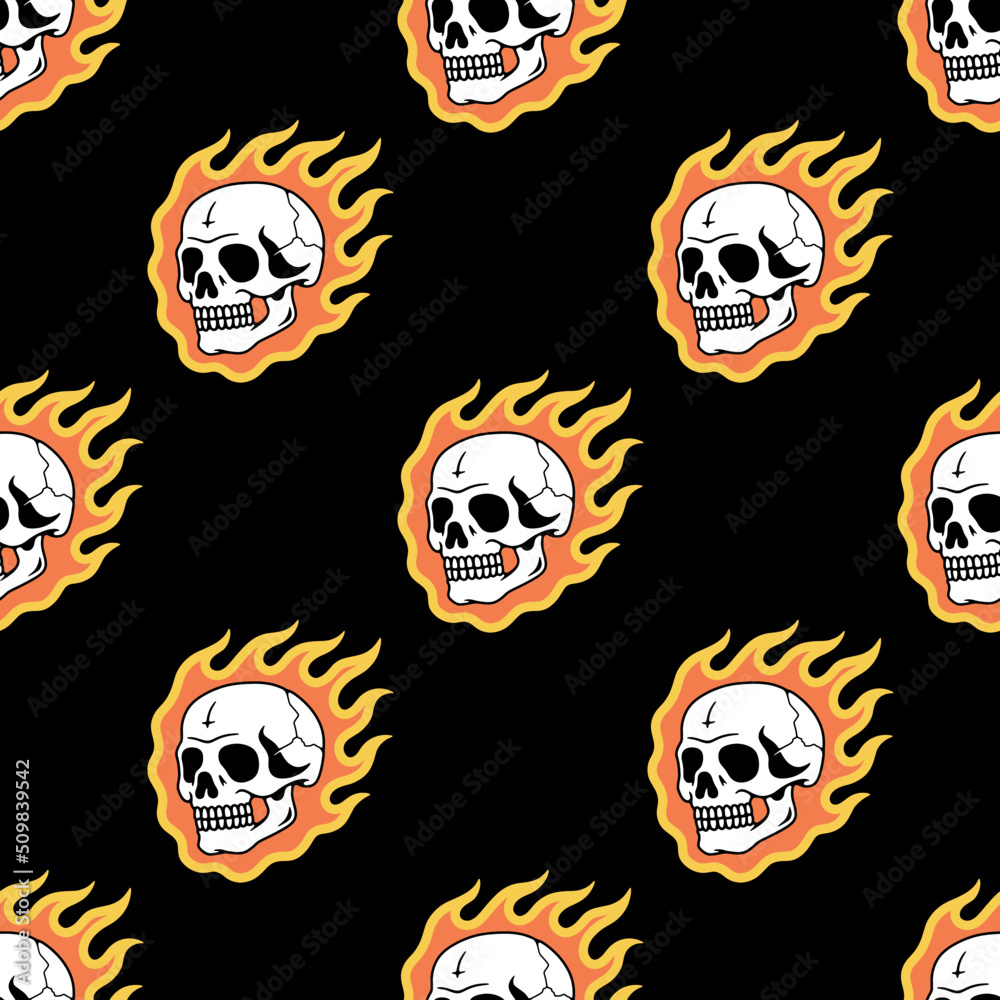 SKULL IN FLAME TATTOO WHITE COLOR SEAMLESS PATTERN BLACK BACKGROUND