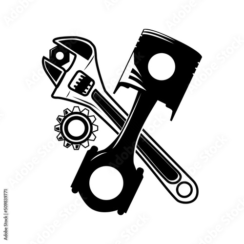 mechanic tools, adjustable and piston with gear vector illustration in black and white color. suitable for automotive logo