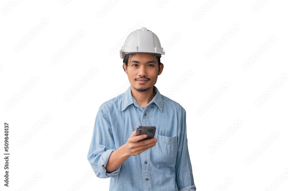 Asian engineer wear helmet hard hat on white background Asian engineer wear helmet hard hat on white background