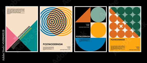 Artworks, posters inspired postmodern of vector abstract dynamic symbols with bold geometric shapes, useful for web background, poster art design, magazine front page, hi-tech print, cover artwork. © pgmart