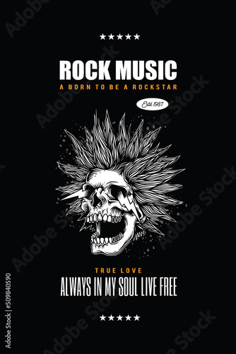 Original vector music poster in vintage style. A crazy skull with a crazy hairstyle with sparks from the eyes.
