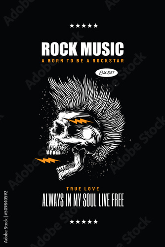 Original vector music poster in vintage style. A skull with an open mouth and a punk rock hairstyle.