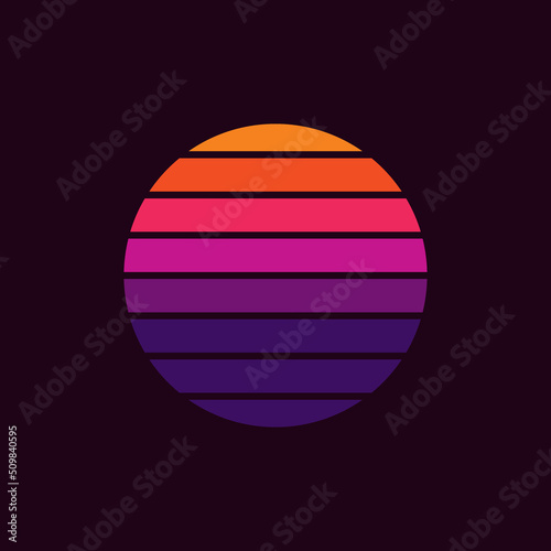 Original vector illustration of a striped neon retro sunset in the style of the 80s. A design element. © artmarsa