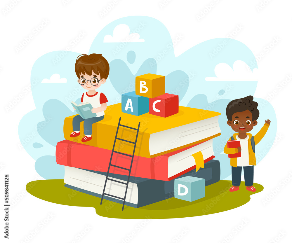 Learning kids on the huge book stack. Cute boys get knowledge from books. Cartoon children learning. Learning kids on the huge book stack. Cute boys get knowledge from books. Cartoon children learning.