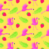 Pink flamingos bird pattern with tropical leaves and strawberries