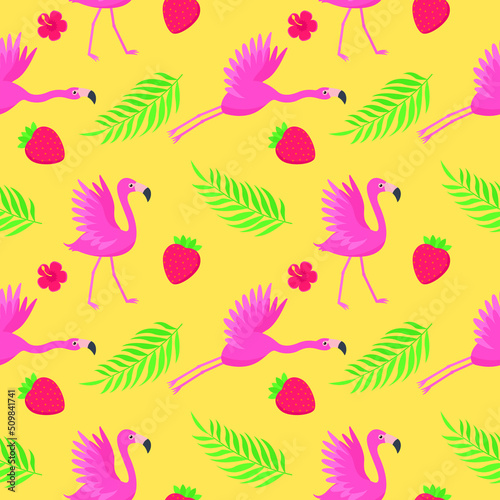 Pink flamingos bird pattern with tropical leaves and strawberries