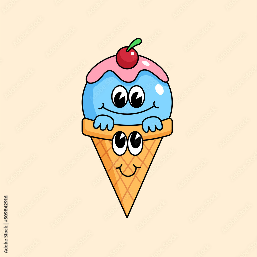Cute smiling adorable ice cream friendship with waffle cone mascot character design. old school retro style cartoon vector illustration Cute smiling adorable ice cream friendship with waffle cone mascot character design. old school retro style cartoon vector illustration