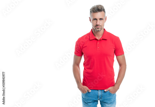 man with grizzled hair in red shirt isolated on white background