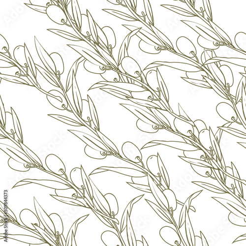 Seamless pattern with olive tree branches hand drawn vector illustration. Decorative endless pattern background for olives, oil and food packaging design.