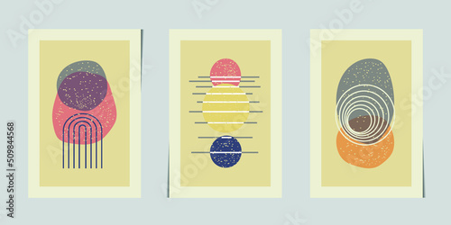 Set of three geometric abstract posters. Modern art with watercolor shapes and lines on grey background. Vector illustration.