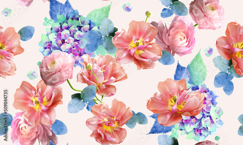 Trendy digital floral seamless photo pattern with tulips and hydrangeas.