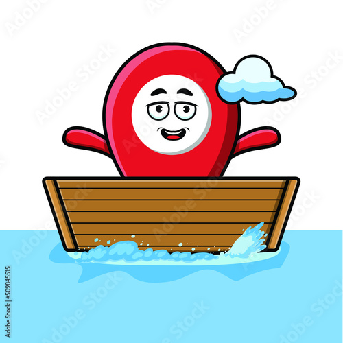 cute cartoon pin location get on boat in vector character illustration