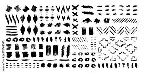 Grunge design elements set. Grunge shapes collection for patterns or backdrops. Paint stains and brush strokes. Tribal ethnic style. Grungy ink spots and drops.