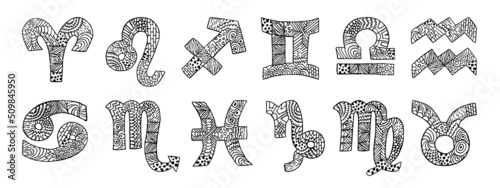 Zodiac zentangle signs. Zentangle zodiac symbols. Zentangle  astrological signs. Virgo, aquarius, libra, capricorn, aries, gemini, pisces, cancer, scorpio, leo, taurus, sagittarius.