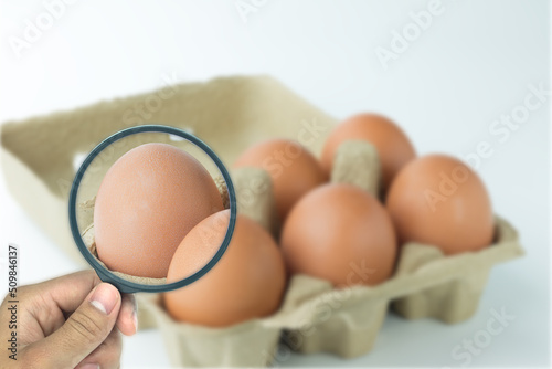 The concept of egg benefits,egg is placed on a paper box and are magnified by a magnifying glass. © JaRiRiyawat