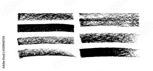 Charcoal pencil straight bold lines. Scribble brush strokes vector set. Hand drawn black pencil sketches. Grunge black brush stroke smears. Rough textures isolated on white background