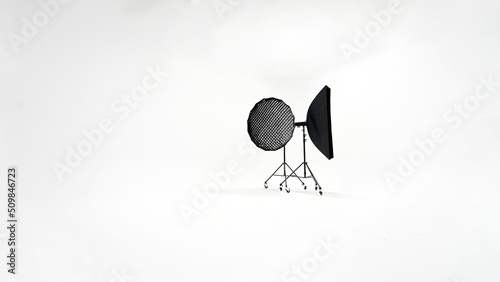 Two softbox studio lights stand against white cyclorama. Photostudio banner