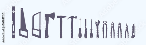 Hand working tools. SVG.Hand-held working tools set. Repair home and construction tools collection. Silhouettes. Pliers. Hacksaw. Screwdriver. Hammer. Carpentry tools. Flat vector illustration. Isolat