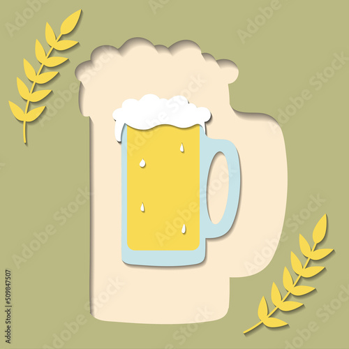 vector illustration of a postcard in a paper-cut style. a glass of beer in the cut-out shape of a glass of beer