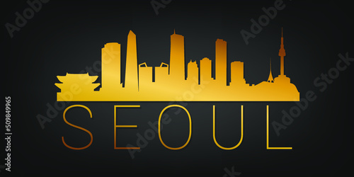 Seoul, South Korea Gold Skyline City Silhouette Vector. Golden Design Luxury Style Icon Symbols. Travel and Tourism Famous Buildings.