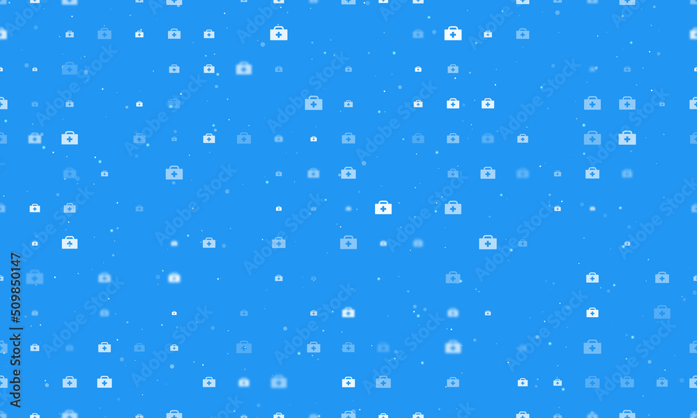 Seamless background pattern of evenly spaced white first aid symbols of different sizes and opacity. Vector illustration on blue background with stars