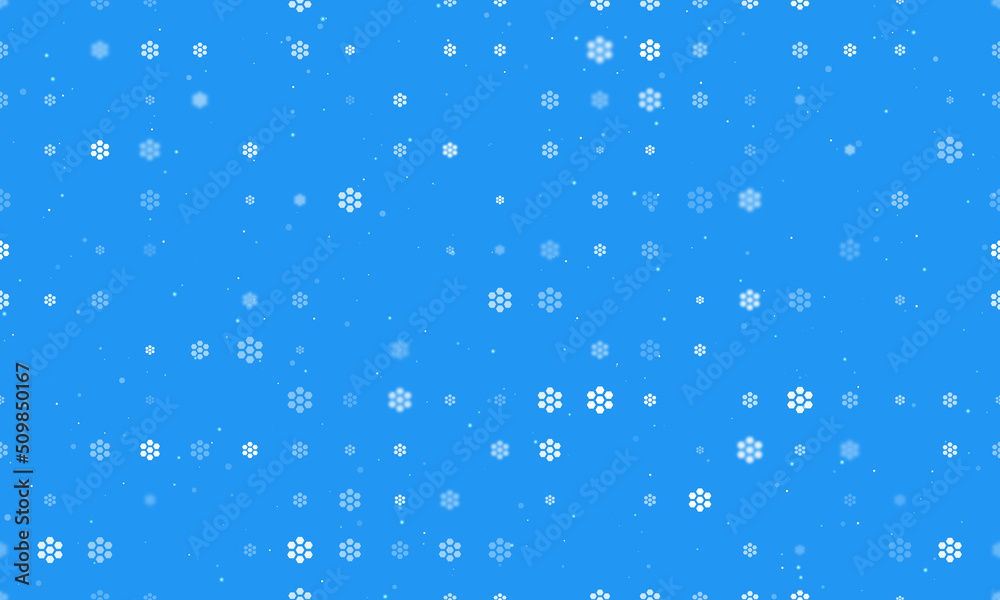 Seamless background pattern of evenly spaced white hive symbols of different sizes and opacity. Vector illustration on blue background with stars