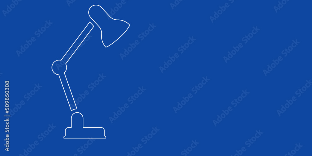A large white outline table lamp symbol on the left. Designed as thin white lines. Vector illustration on blue background A large white outline table lamp symbol on the left. Designed as thin white lines. Vector illustration on blue background