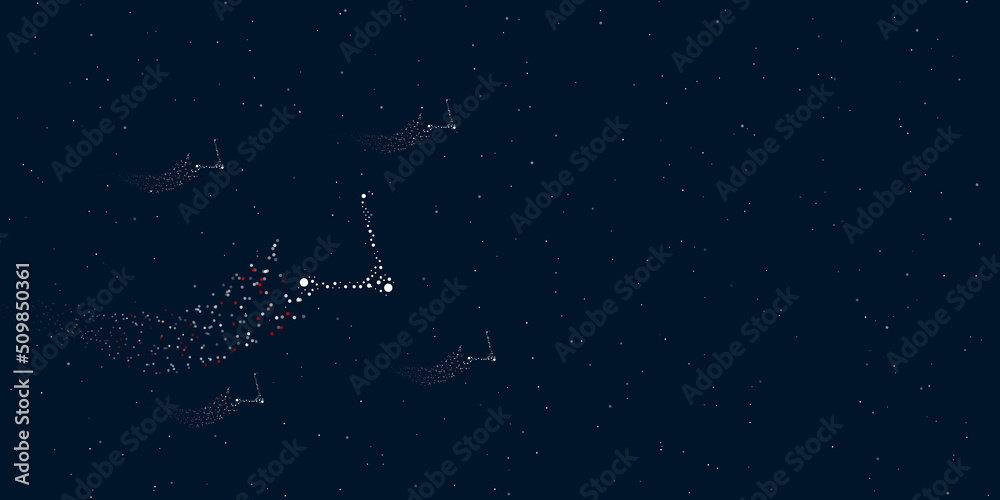 A kick scooter symbol filled with dots flies through the stars leaving a trail behind. There are four small symbols around. Vector illustration on dark blue background with stars