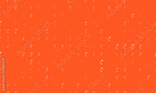 Seamless background pattern of evenly spaced white table lamp symbols of different sizes and opacity. Vector illustration on deep orange background with stars