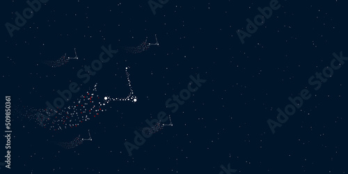 A kick scooter symbol filled with dots flies through the stars leaving a trail behind. There are four small symbols around. Vector illustration on dark blue background with stars
