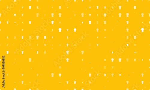 Seamless background pattern of evenly spaced white t-shirt symbols of different sizes and opacity. Vector illustration on amber background with stars