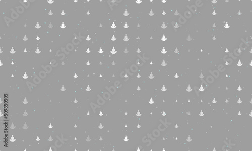 Seamless background pattern of evenly spaced white yoga symbols of different sizes and opacity. Vector illustration on gray background with stars