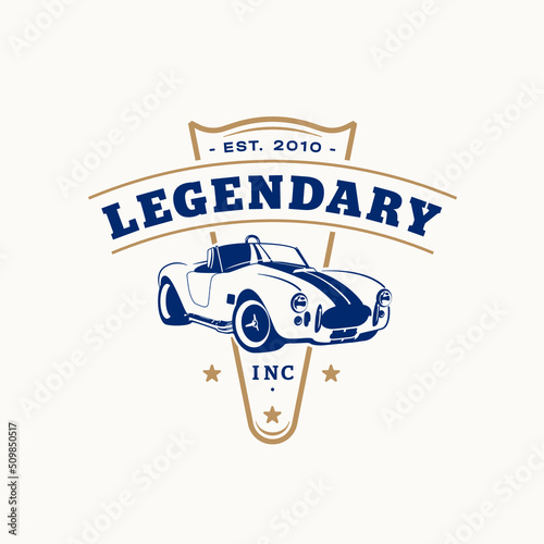 Retro car logo template. Vintage style vector illustration element for retro design label. Suitable for garage, shops, tires, car wash, car restoration, repair and racing. Legendary sport car logo