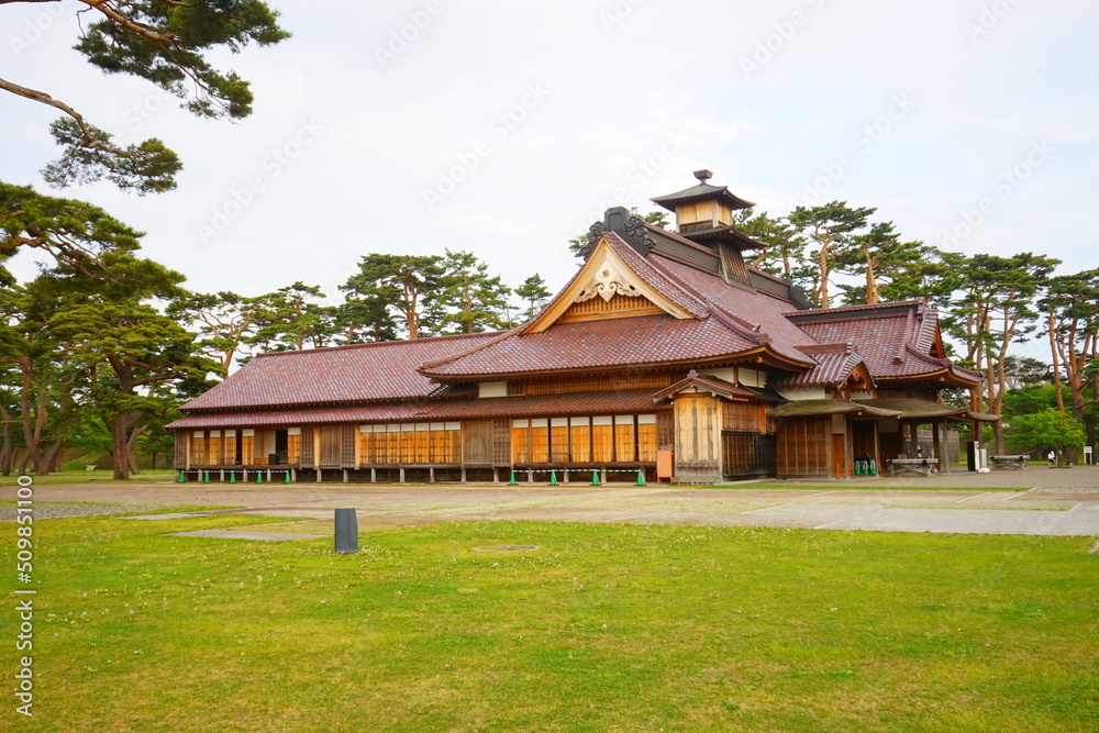 Historical Magistrate's Office at Hakodate Goryokaku fort surrounded by canal from Goryokaku Tower in Hokkaido, Japan - 日本 北海道 函館市 五稜郭 箱館奉行所 Historical Magistrate's Office at Hakodate Goryokaku fort surrounded by canal from Goryokaku Tower in Hokkaido, Japan - 日本 北海道 函館市 五稜郭 箱館奉行所