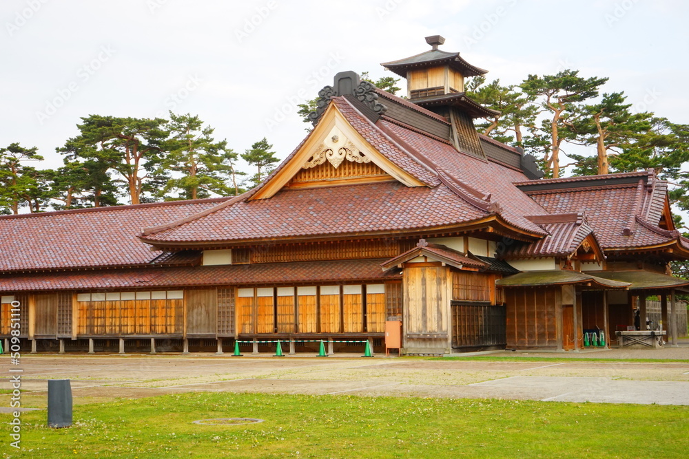 Historical Magistrate's Office at Hakodate Goryokaku fort surrounded by canal from Goryokaku Tower in Hokkaido, Japan - 日本 北海道 函館市 五稜郭 箱館奉行所