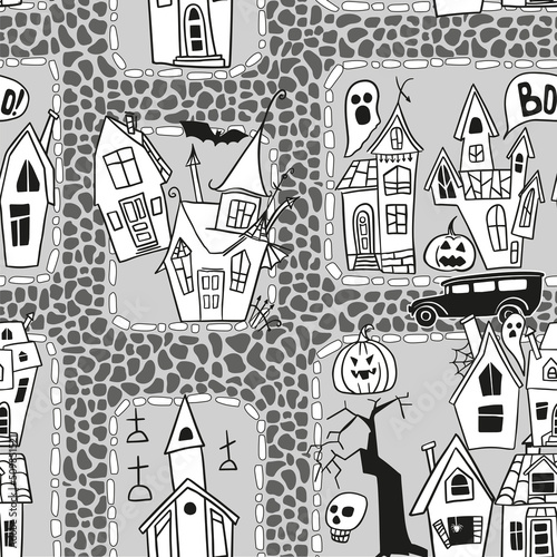 Seamless pattern - Halloween town. Houses  buildings  hearse. Vector illustration