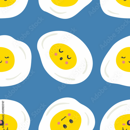 Fried eggs seamless pattern with cartoon funny faces. Cute characters print with happy emotions. Kids meal vector illustration for decor and design.