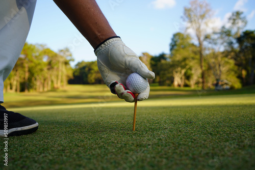 Hand hold golf ball with tee on course, golf course background.